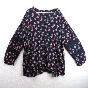 Lane Bryant Shirt Womens Sz 26 Butterfly Print Blouse Navy Blue Long Sleeve Boho